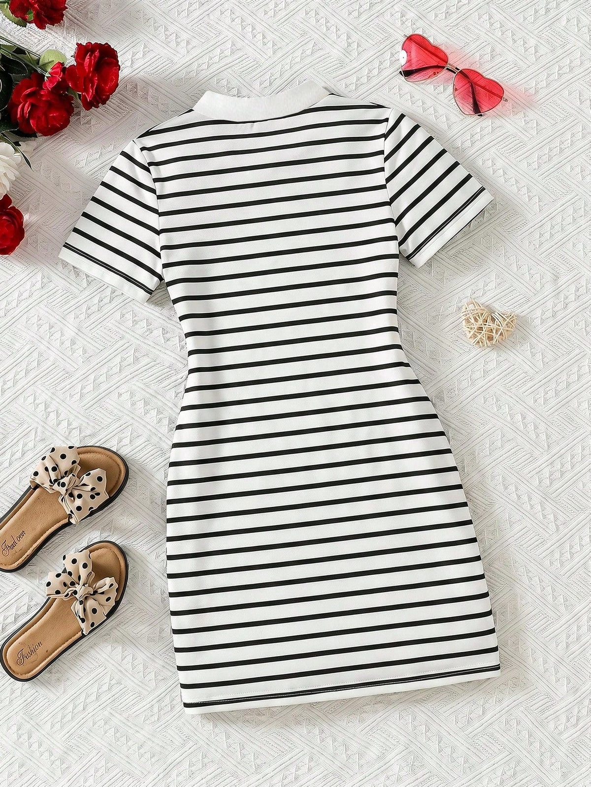 Shopesy Girls Black & White Striped Ribbed Bodycon Dress