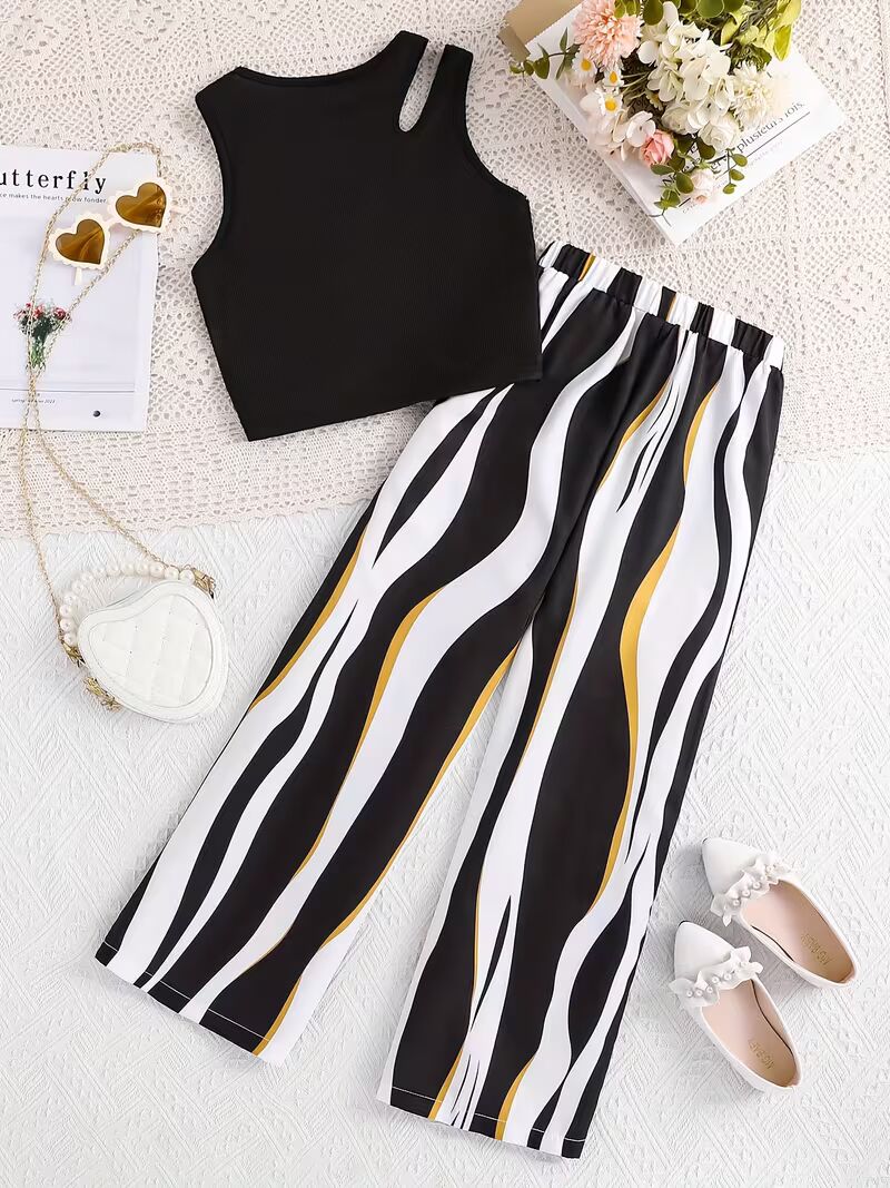 Shopesy Girls Black Ribbed Sleeveless Crop Top & Striped Wide Leg Pants Set