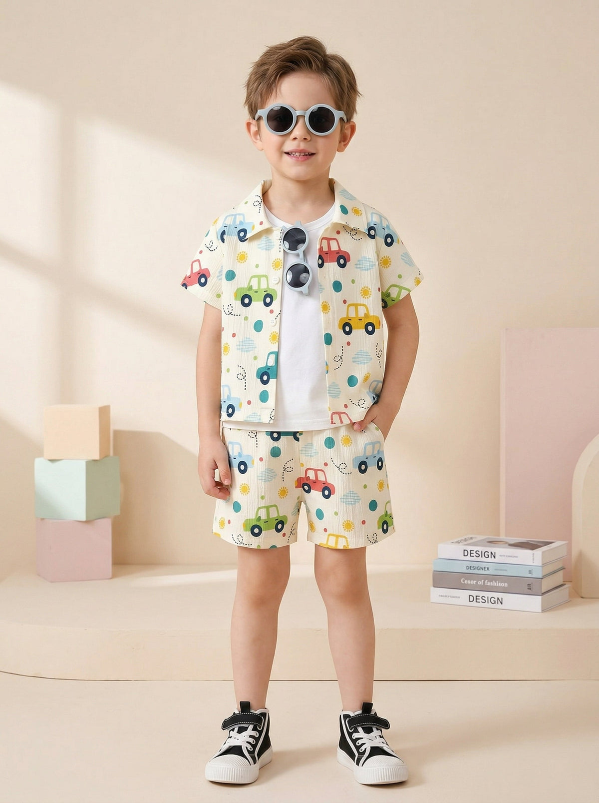 Shopesy Boys Multi-Color Car Print Co-Ord Set – Cotton Shirt & Shorts Summer Outfit for Kids