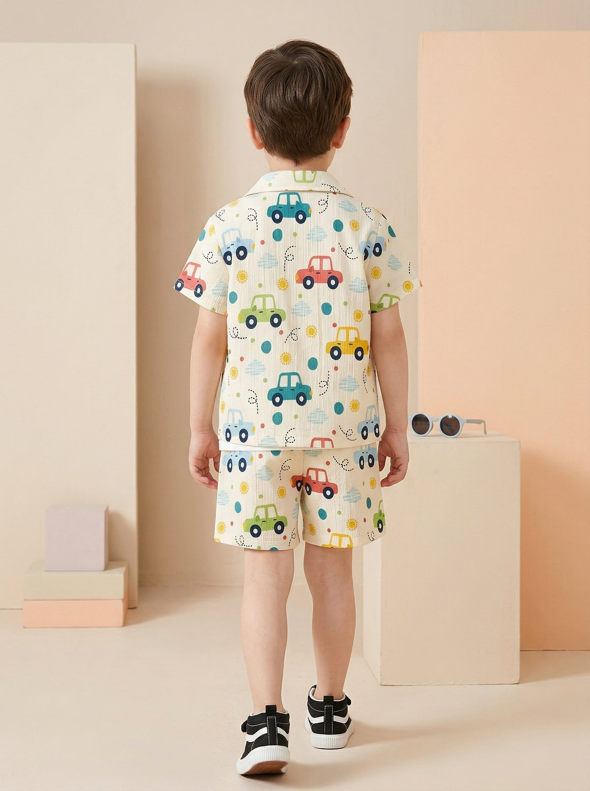Shopesy Boys Multi-Color Car Print Co-Ord Set – Cotton Shirt & Shorts Summer Outfit for Kids