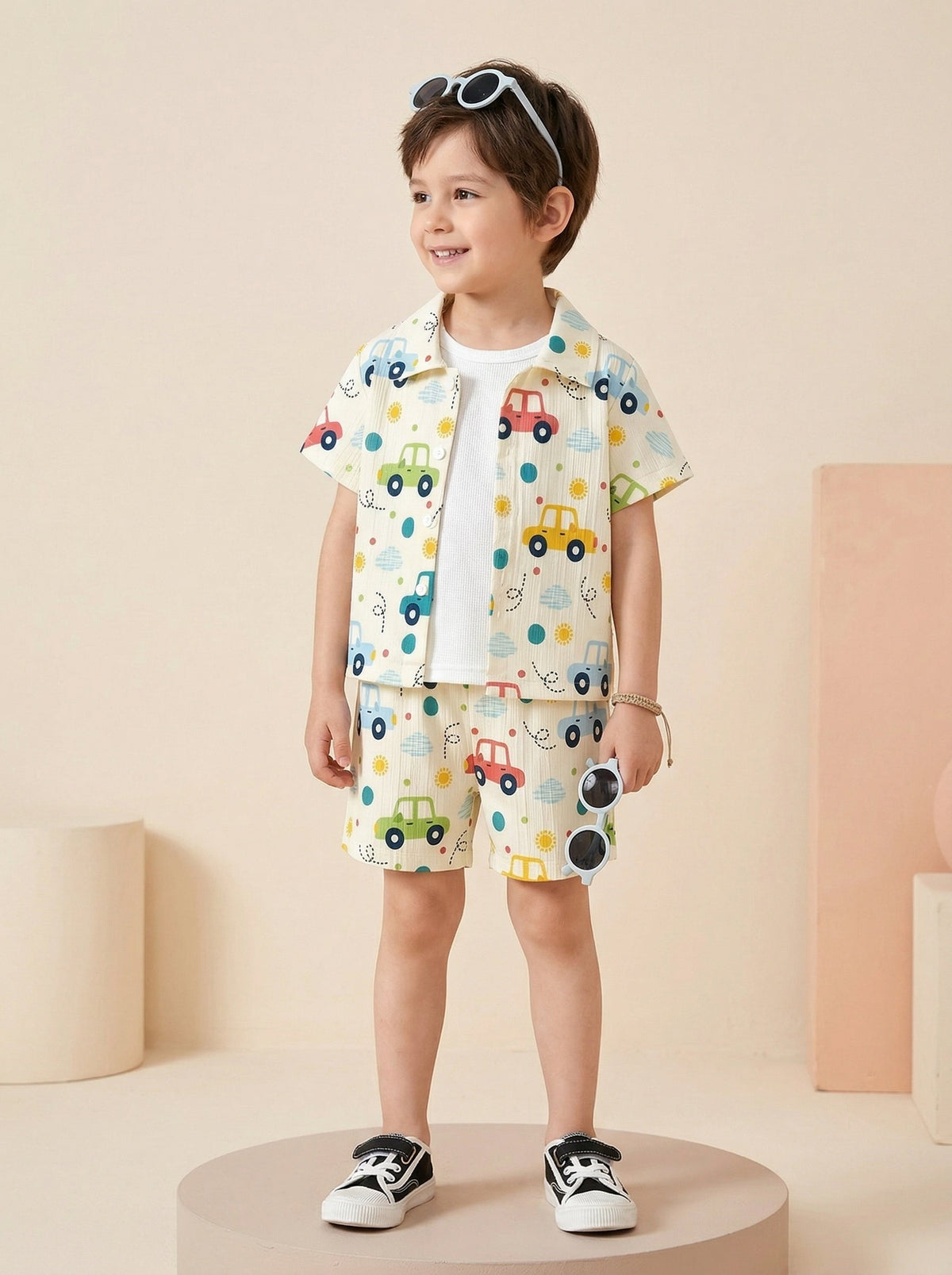 Shopesy Boys Multi-Color Car Print Co-Ord Set – Cotton Shirt & Shorts Summer Outfit for Kids