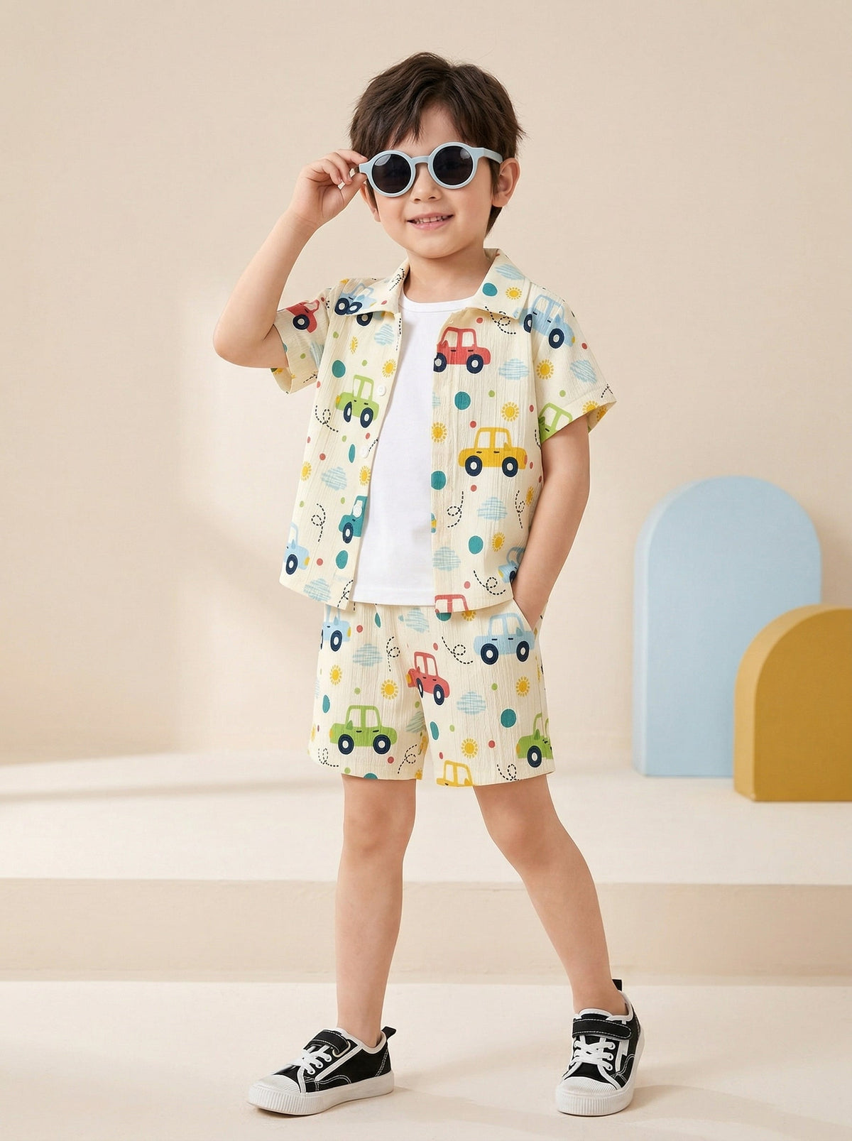 Shopesy Boys Multi-Color Car Print Co-Ord Set – Cotton Shirt & Shorts Summer Outfit for Kids
