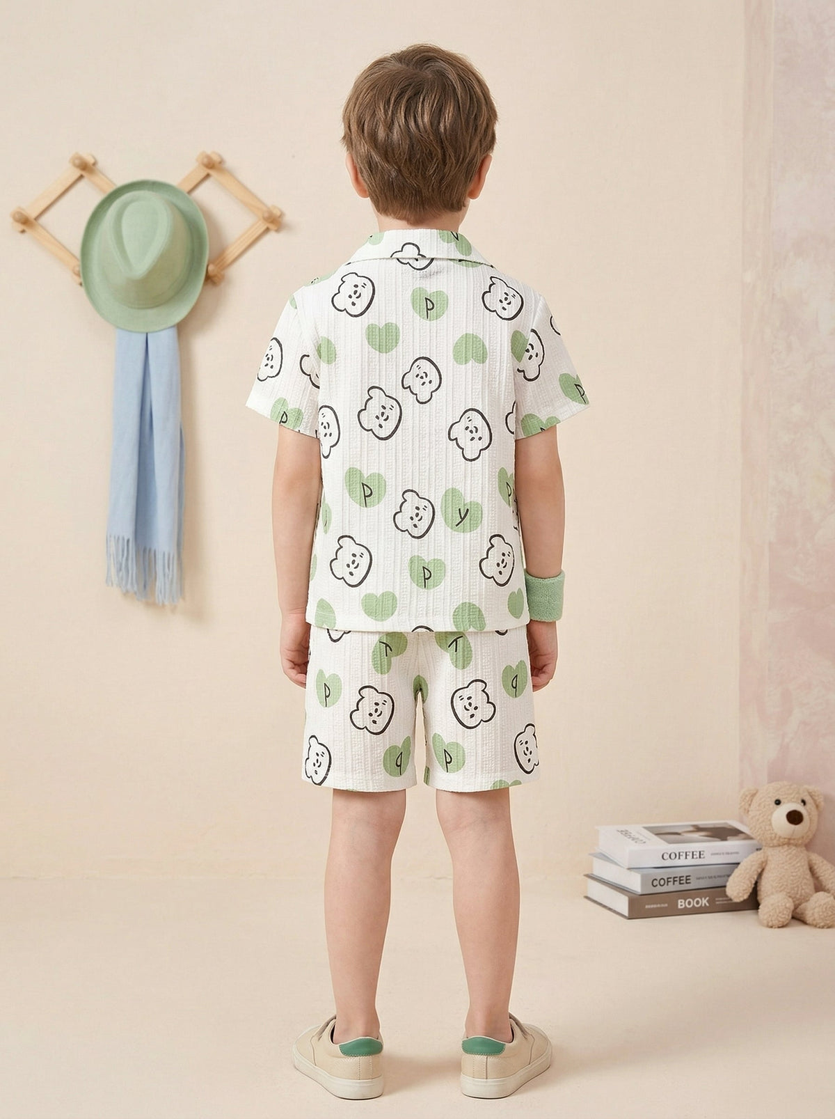 Shopesy Boys White & Green Printed Co-Ord Set – Cotton Shirt & Shorts Summer Outfit for Kids