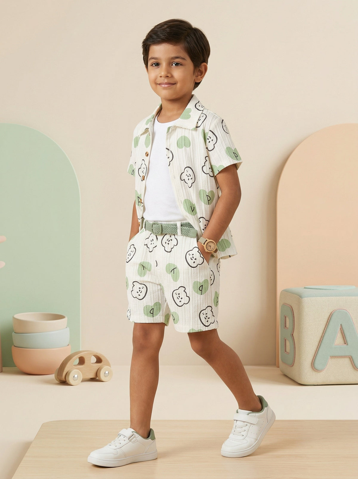 Shopesy Boys White & Green Printed Co-Ord Set – Cotton Shirt & Shorts Summer Outfit for Kids