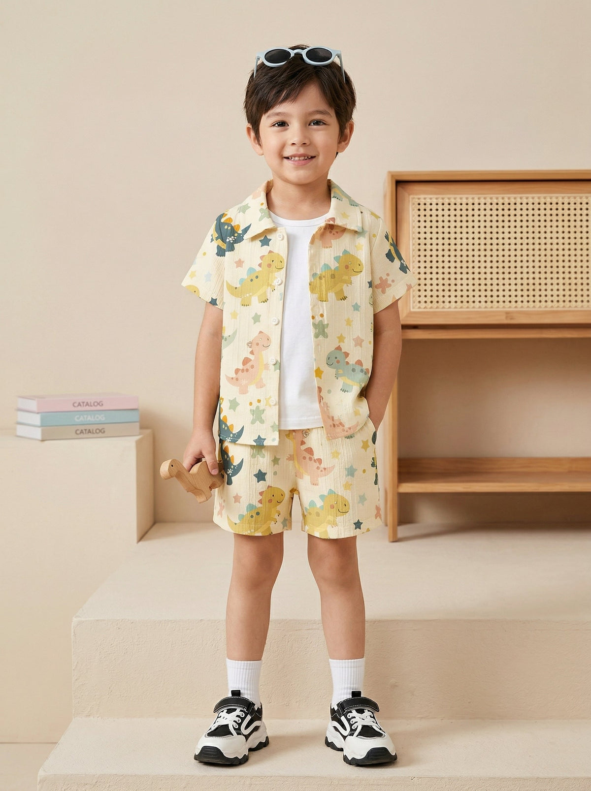 Shopesy Boys Yellow Dinosaur Print Co-Ord Set – Cotton Shirt & Shorts Summer Outfit for Kids