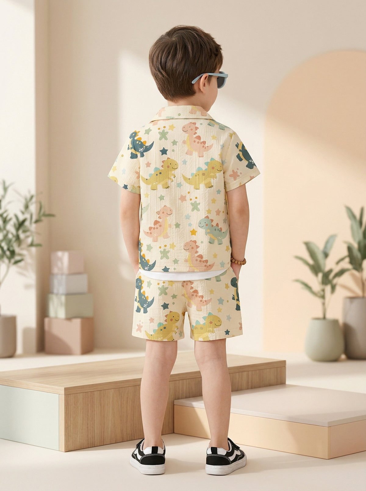 Shopesy Boys Yellow Dinosaur Print Co-Ord Set – Cotton Shirt & Shorts Summer Outfit for Kids