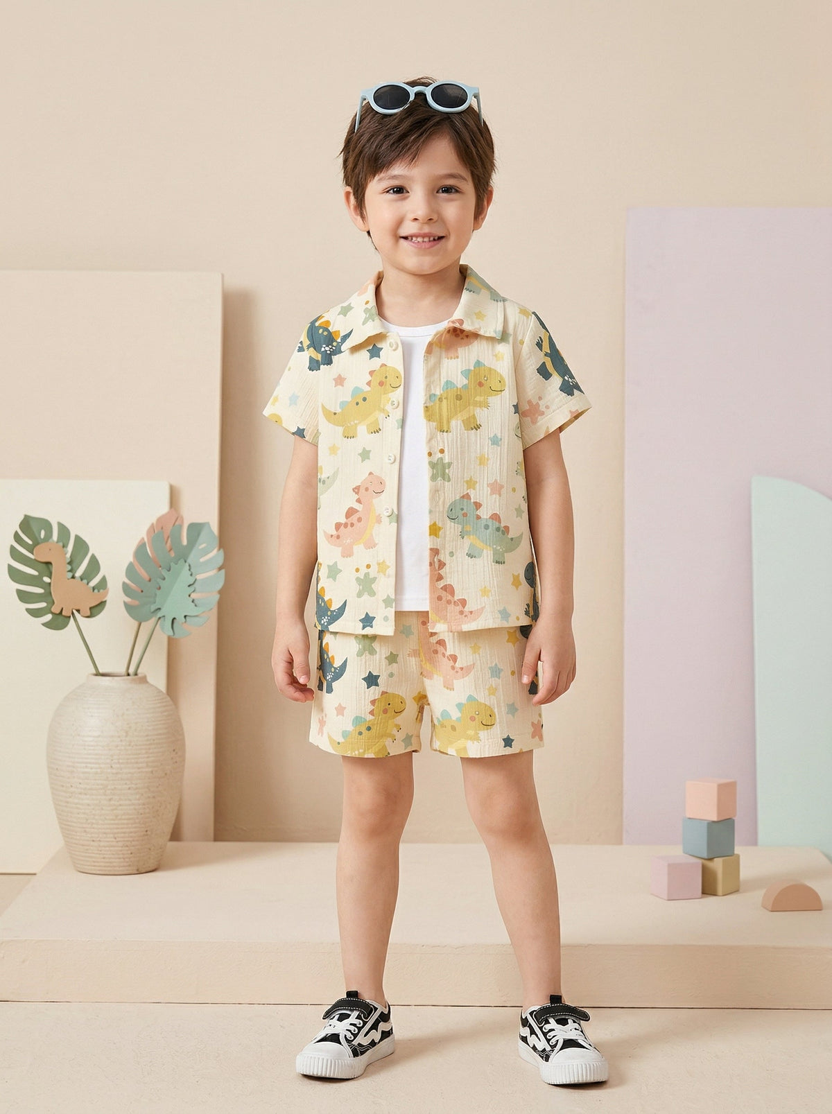 Shopesy Boys Yellow Dinosaur Print Co-Ord Set – Cotton Shirt & Shorts Summer Outfit for Kids