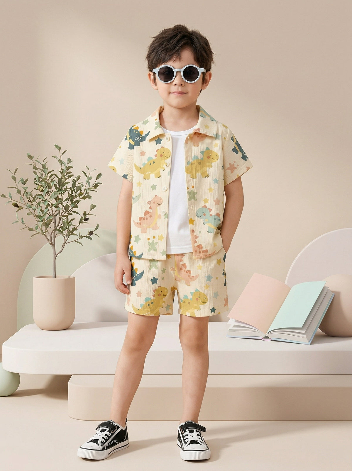 Shopesy Boys Yellow Dinosaur Print Co-Ord Set – Cotton Shirt & Shorts Summer Outfit for Kids
