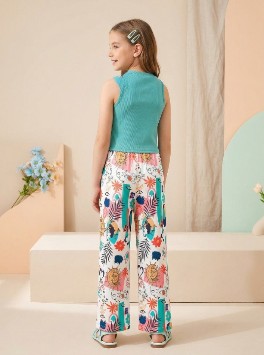 Shopesy Girls Teal Sleeveless Top & Multicolor Printed Wide Leg Pants Set