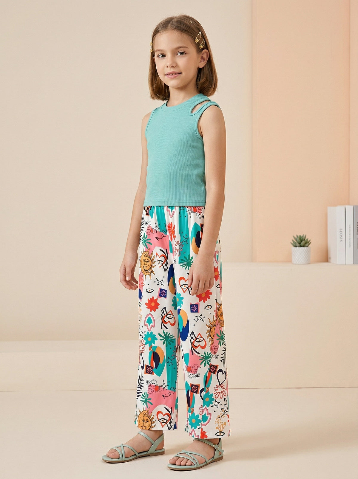 Shopesy Girls Teal Sleeveless Top & Multicolor Printed Wide Leg Pants Set