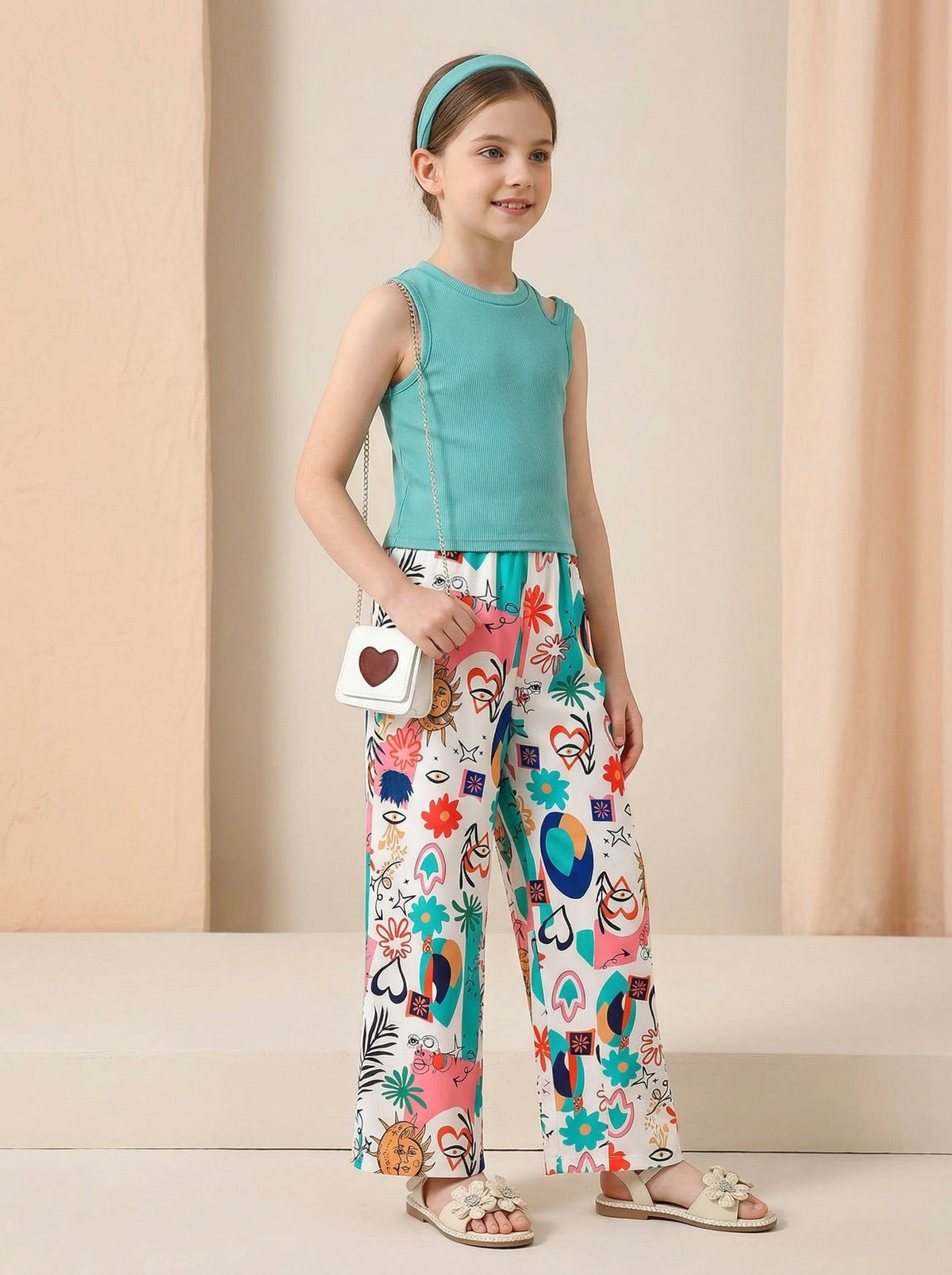 Shopesy Girls Teal Sleeveless Top & Multicolor Printed Wide Leg Pants Set