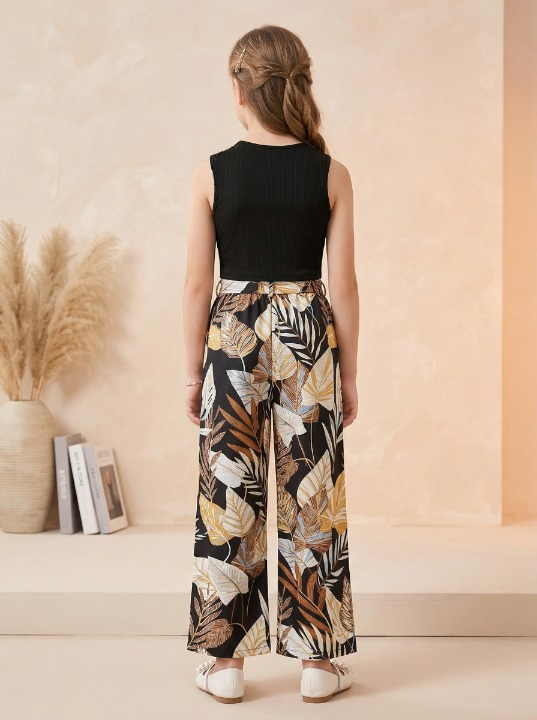 Shopesy Girls Black Sleeveless Ribbed Top & Tropical Leaf Printed Wide Leg Pants Set