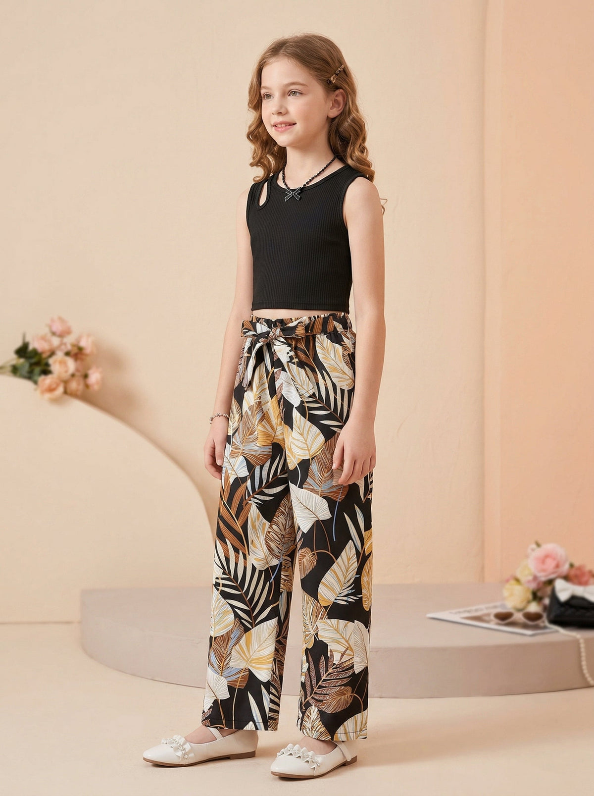 Shopesy Girls Black Sleeveless Ribbed Top & Tropical Leaf Printed Wide Leg Pants Set