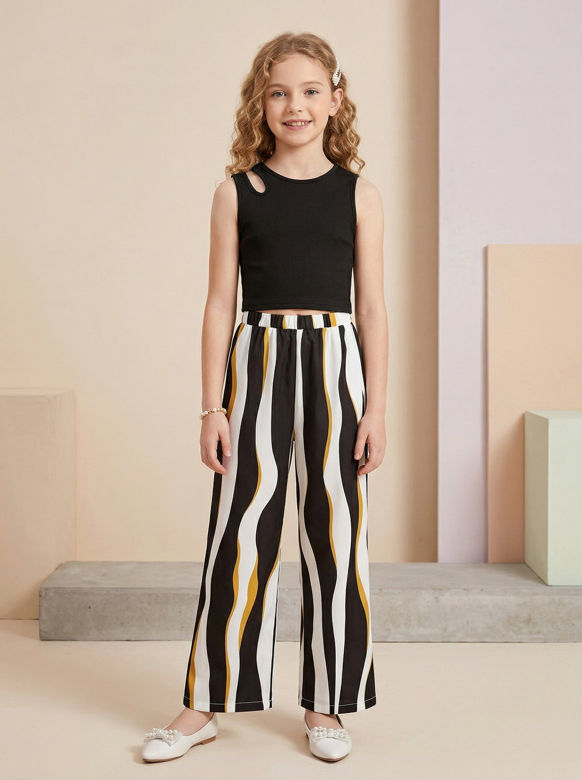 Shopesy Girls Black Sleeveless Ribbed Top & Striped Wide Leg Pants Set