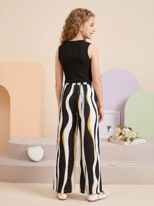 Shopesy Girls Black Sleeveless Ribbed Top & Striped Wide Leg Pants Set