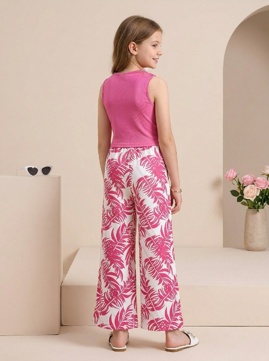 Shopesy Girls Pink Sleeveless Ribbed Top & Tropical Leaf Printed Wide Leg Pants Set