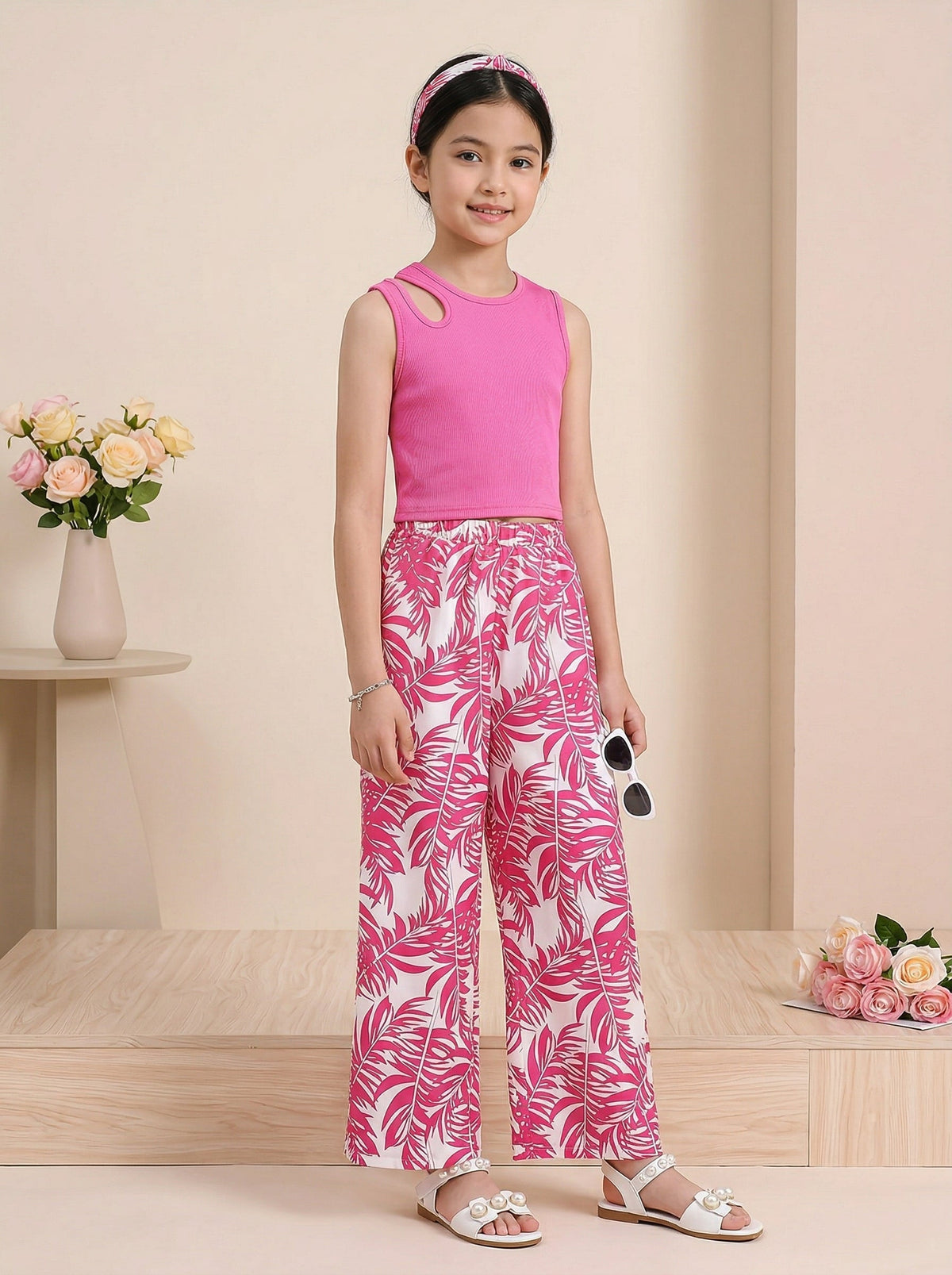Shopesy Girls Pink Sleeveless Ribbed Top & Tropical Leaf Printed Wide Leg Pants Set