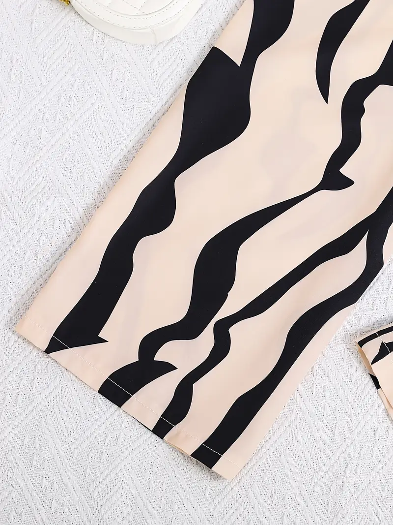 Shopesy Girls Black Crop Top with Beige & Black Printed Wide Pants