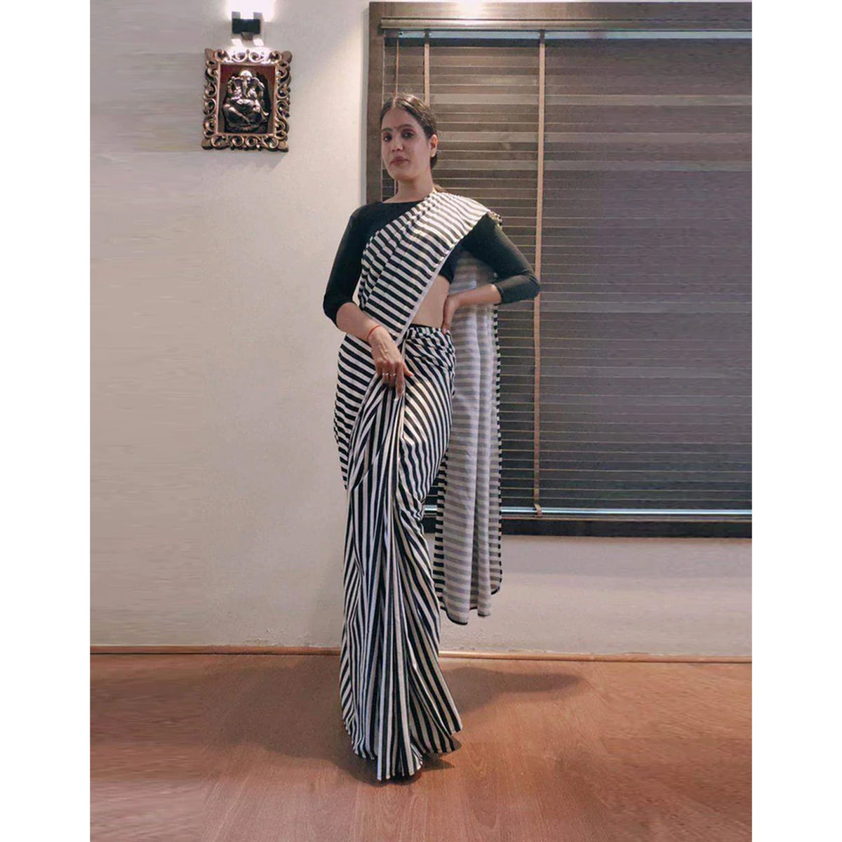Shopesy Black and White striped Ready to wear Georgette Saree