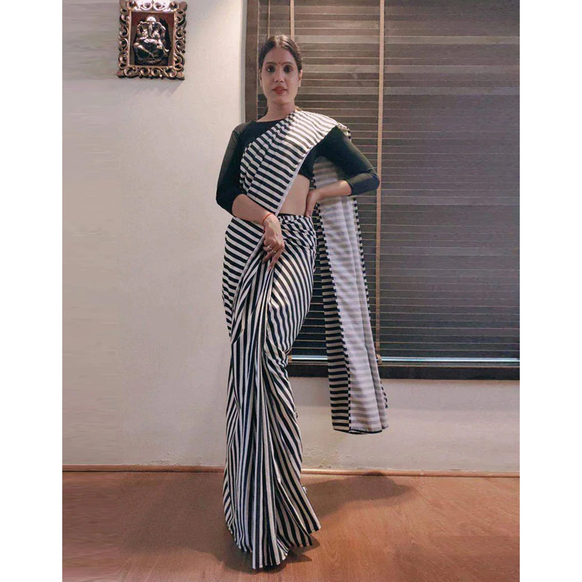 Shopesy Black and White striped Ready to wear Georgette Saree