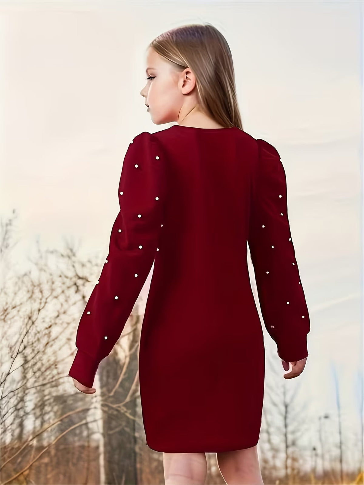 Shopesy Girls Maroon Pearl Embellished Puff Sleeve Bodycon Dress