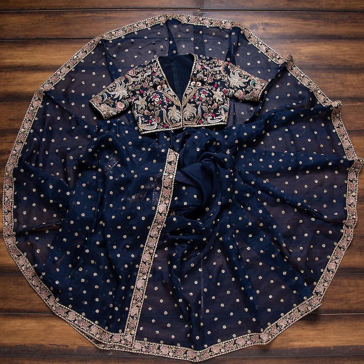 Shopesy Blue Organza Saree with Heavy Embroidery work and Sequins Work