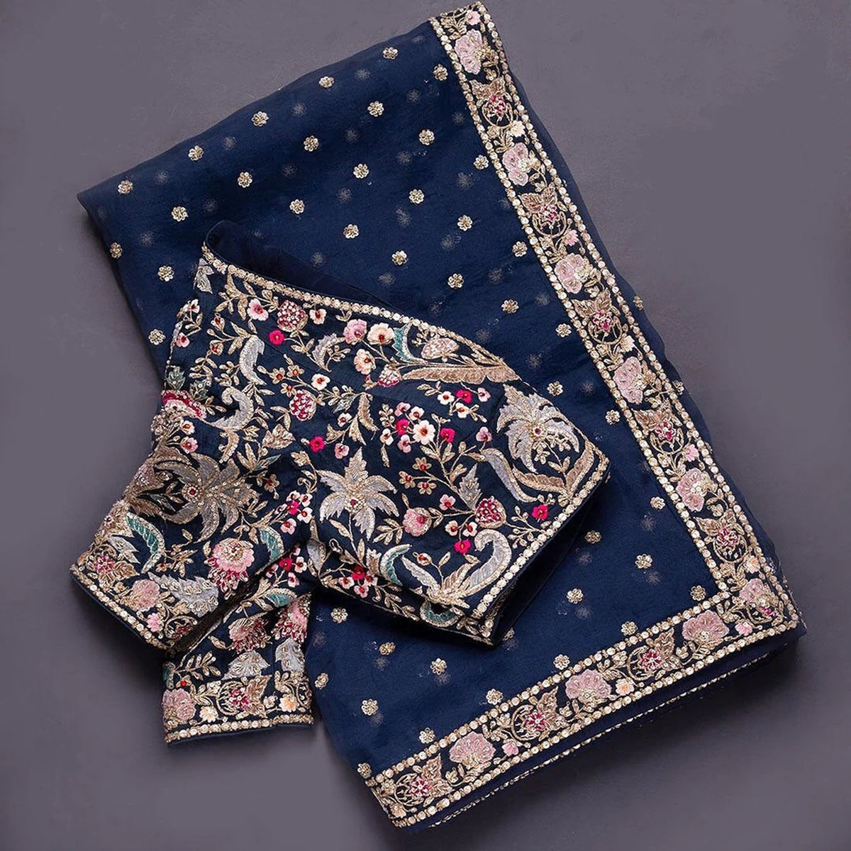 Shopesy Blue Organza Saree with Heavy Embroidery work and Sequins Work