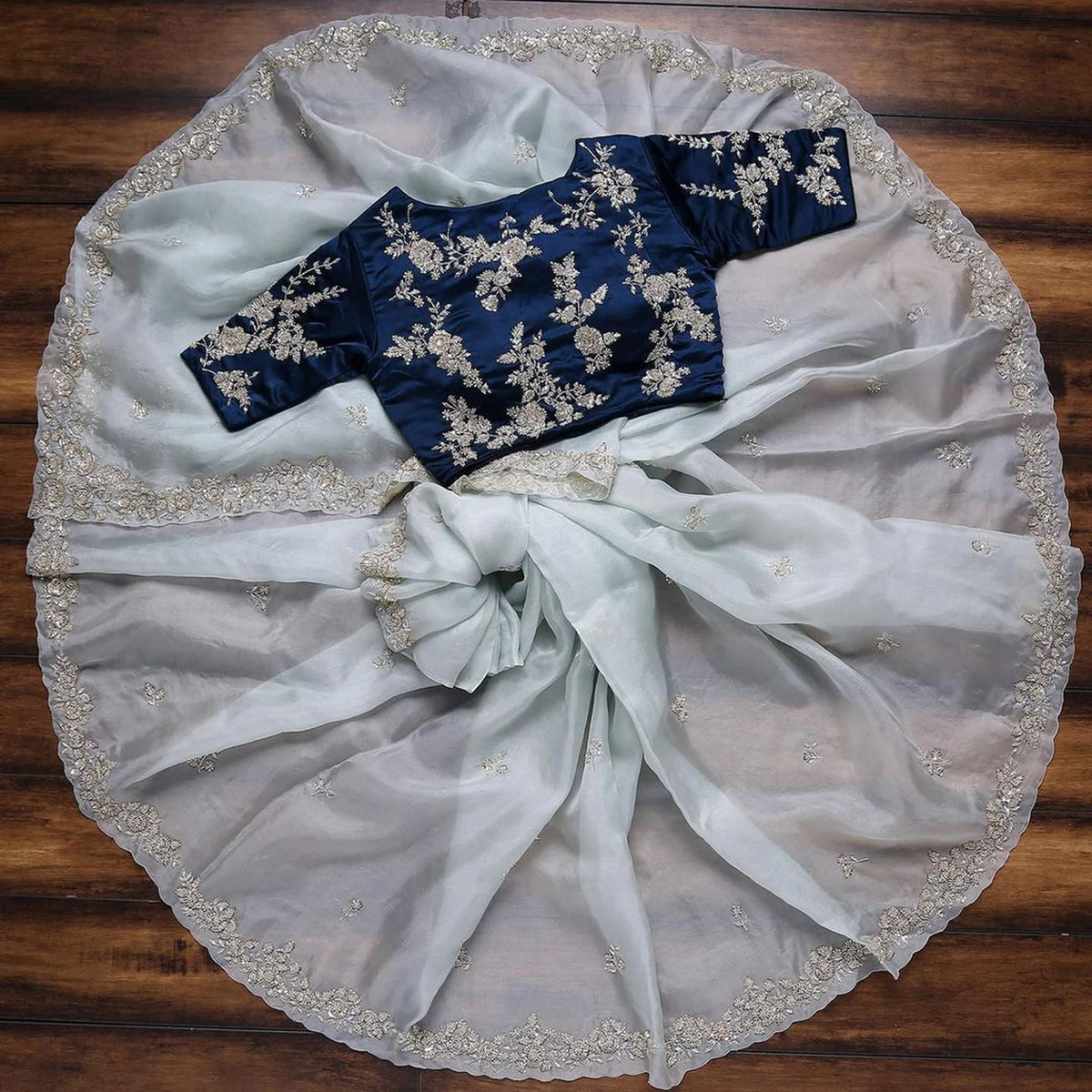 Shopesy Blue Organza Saree with Heavy Embroidery work and Unstitched Blouse