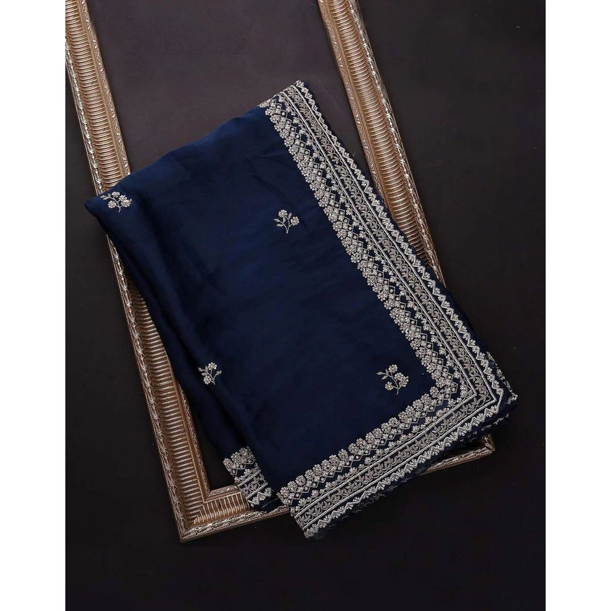 Shopesy Blue Organza Silk Saree with Grey Blouse and Heavy Embroidery Work