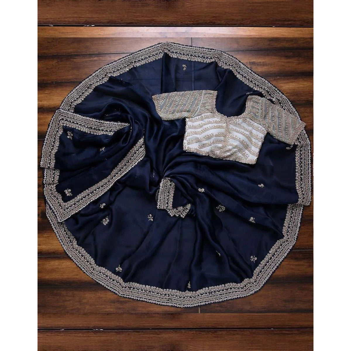 Shopesy Blue Organza Silk Saree with Grey Blouse and Heavy Embroidery Work