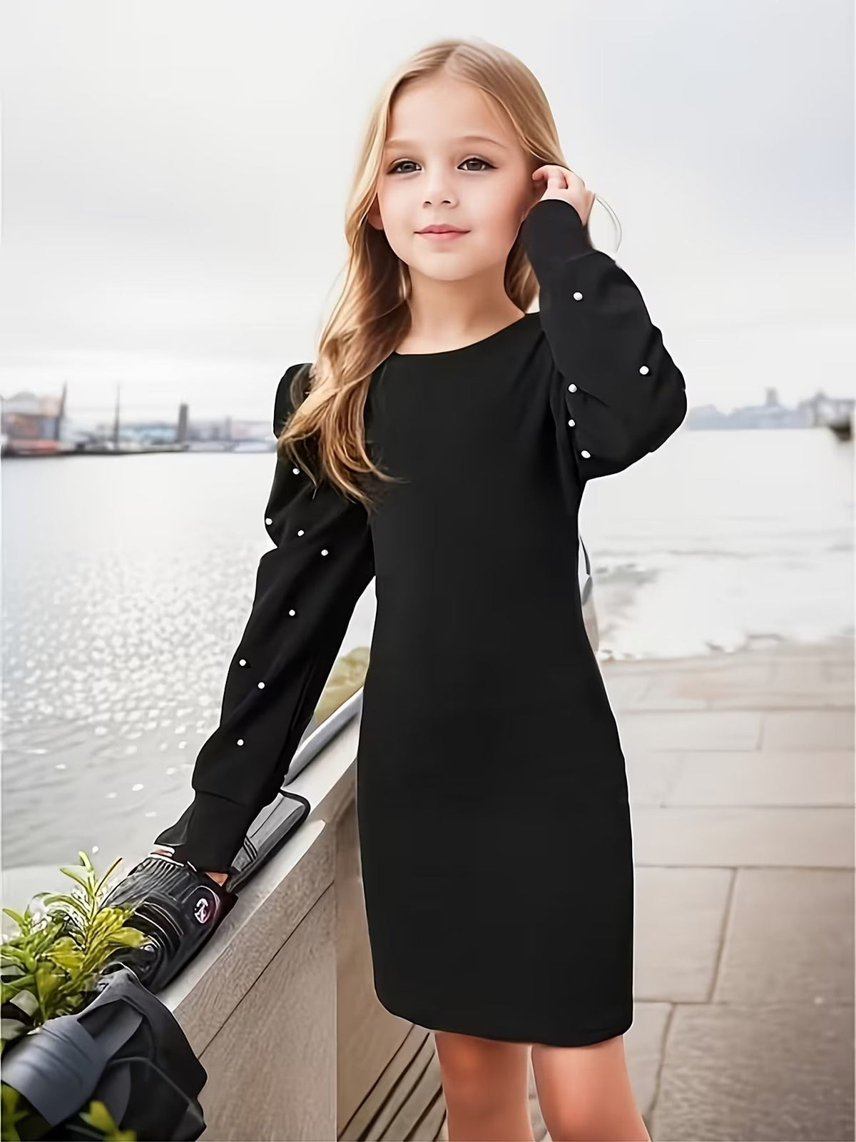 Shopesy Girls Black Pearl Embellished Puff Sleeve Bodycon Dress