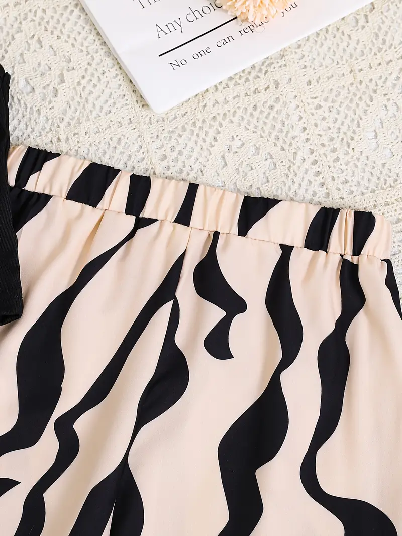 Shopesy Girls Black Crop Top with Beige & Black Printed Wide Pants
