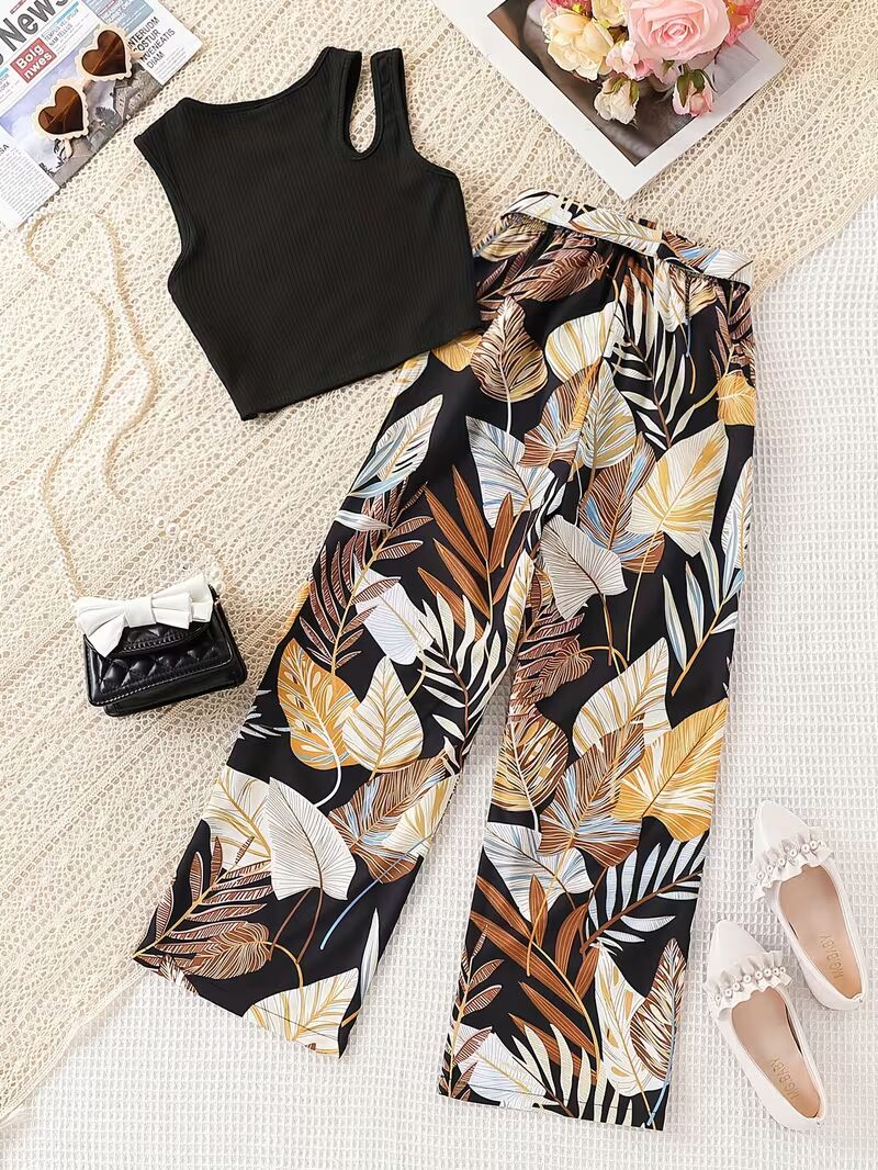 Shopesy Girls Black Ribbed Sleeveless Crop Top & Tropical Leaf Print Pants Set