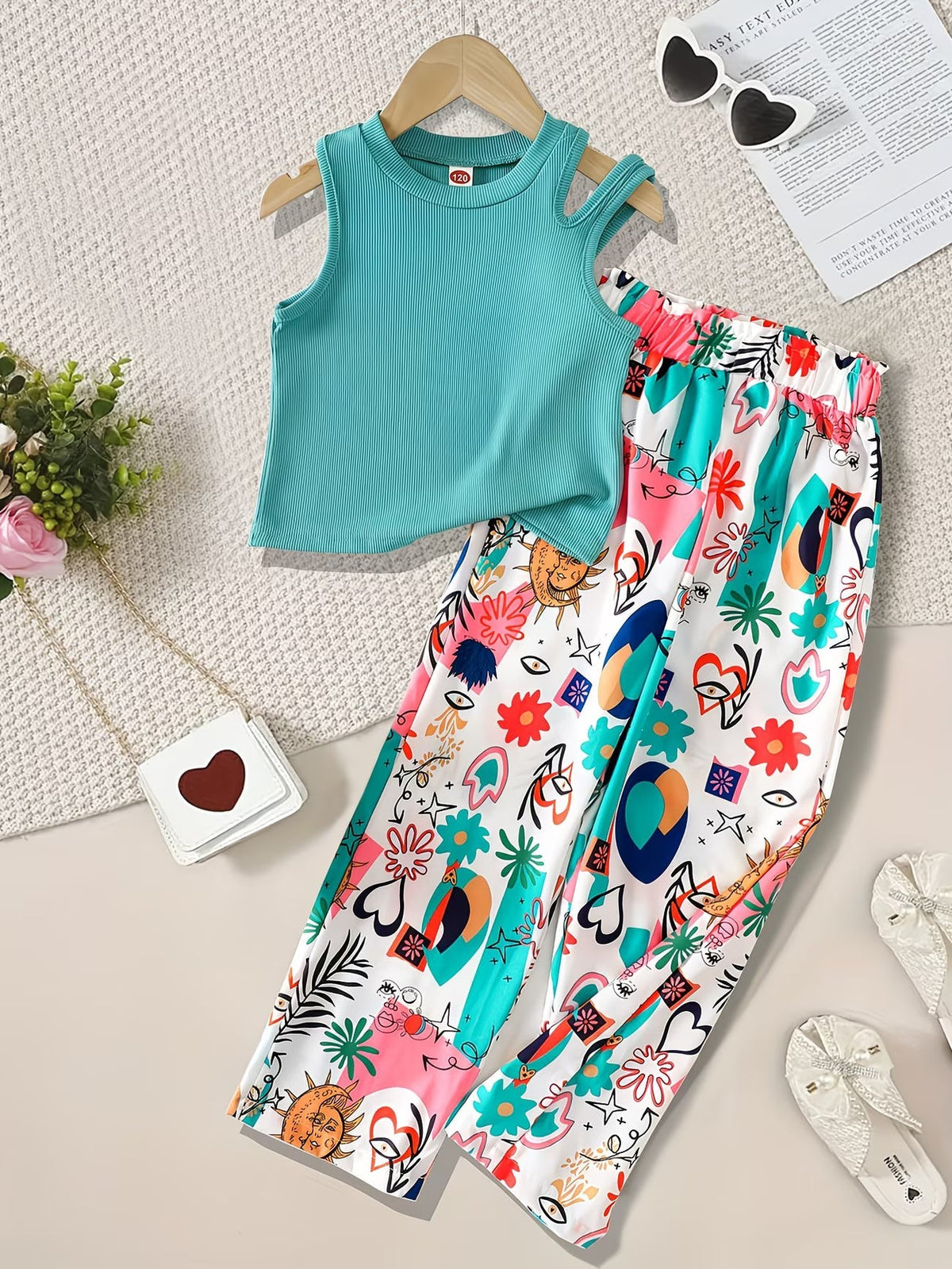 Shopesy Girls Teal Ribbed Sleeveless Crop Top & Multicolor Printed Pants Set