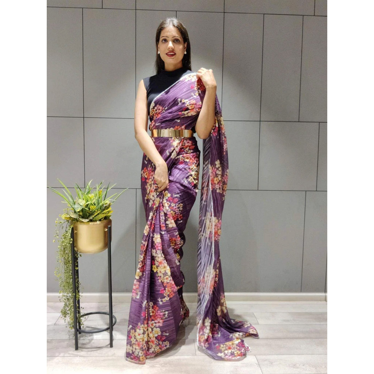 Shopesy Flower Printed Ready to wear Chiffon Saree with Metal Belt