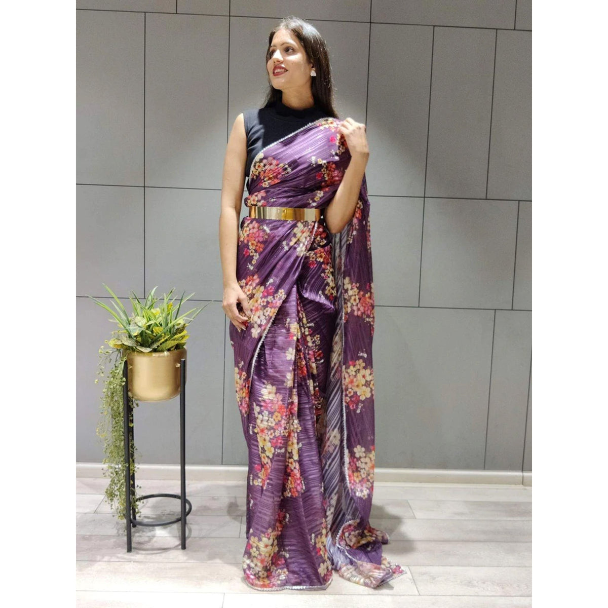 Shopesy Flower Printed Ready to wear Chiffon Saree with Metal Belt