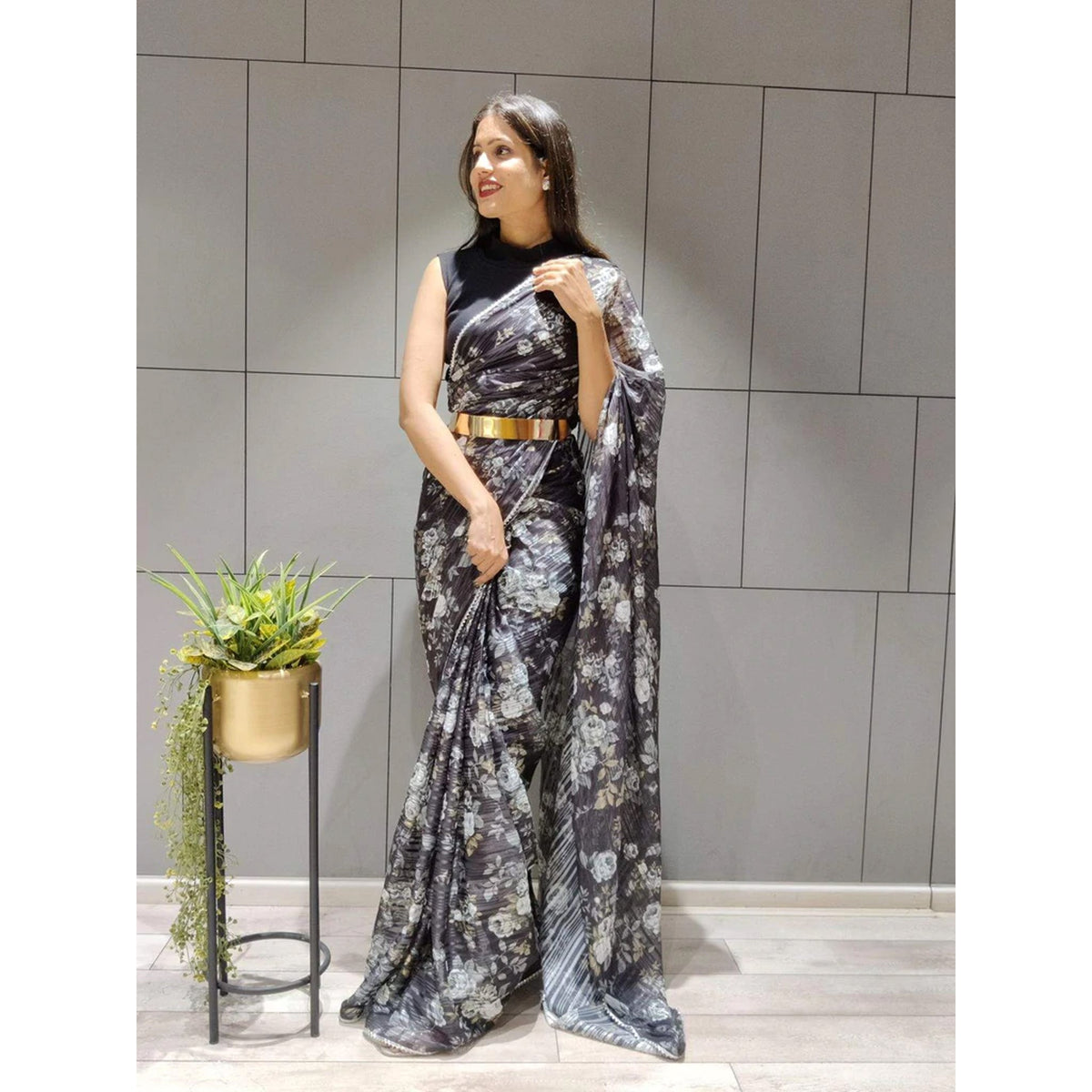 Shopesy Flower Printed Ready to wear Chiffon Saree with Metal Belt