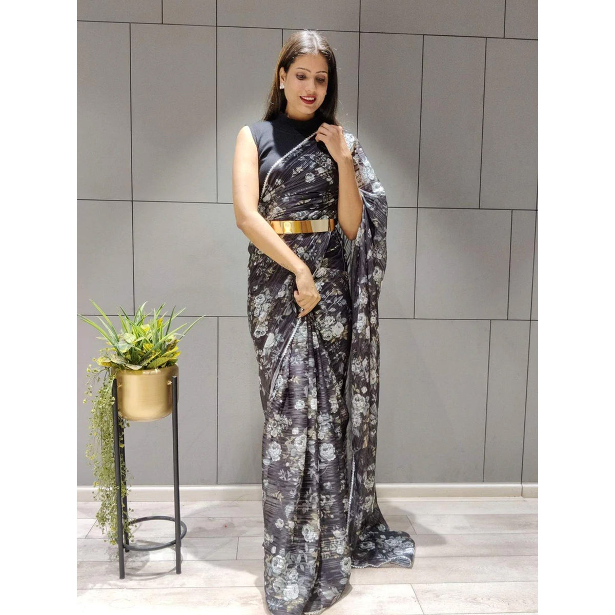 Shopesy Flower Printed Ready to wear Chiffon Saree with Metal Belt