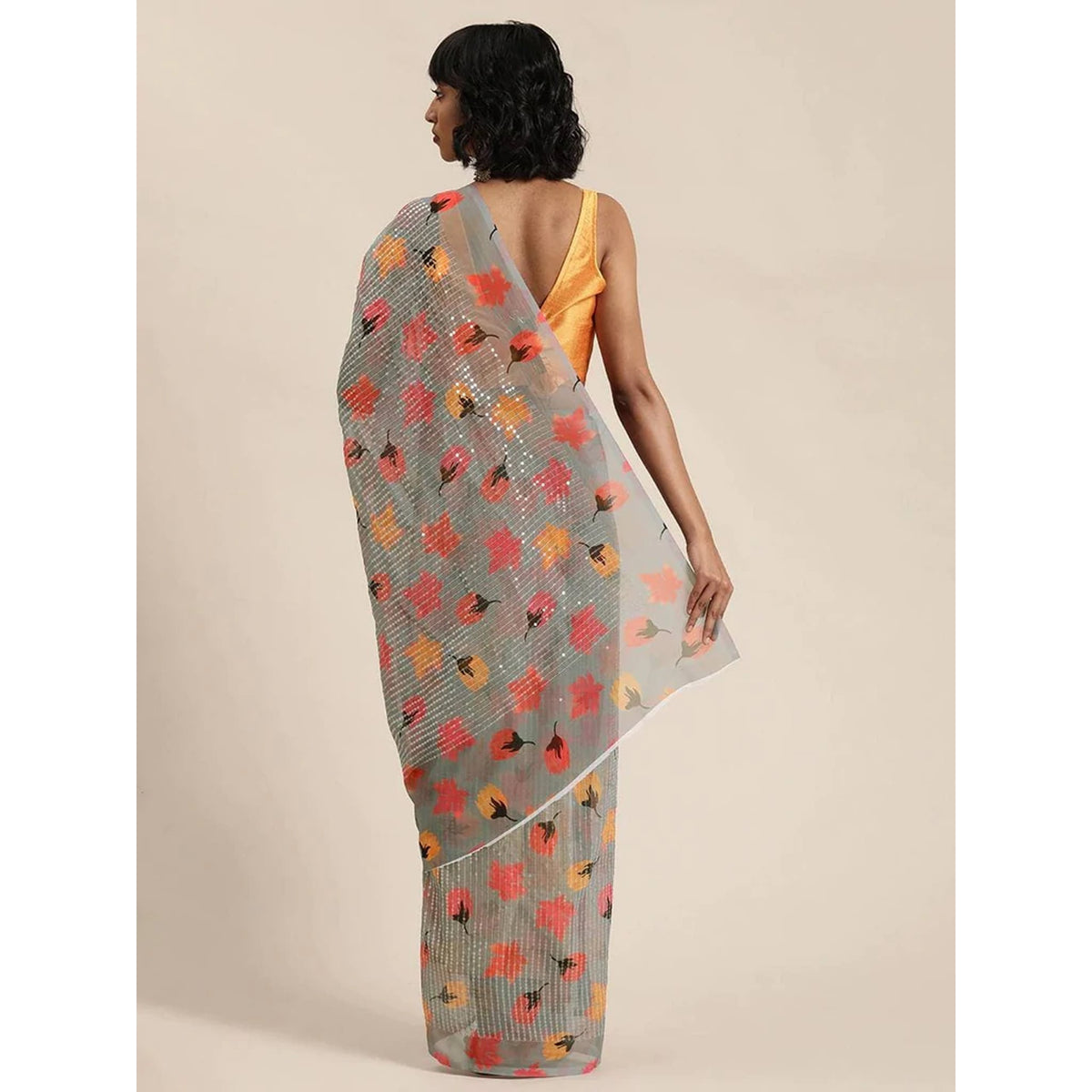 Shopesy Full sequence Grey Saree with Orange Blouse