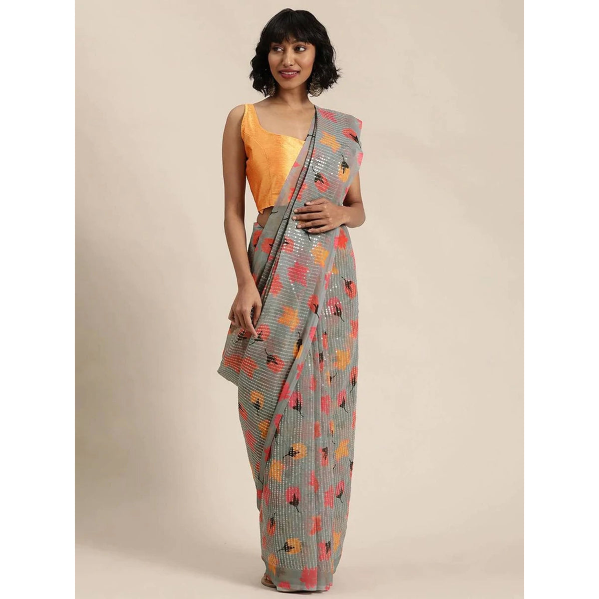 Shopesy Full sequence Grey Saree with Orange Blouse