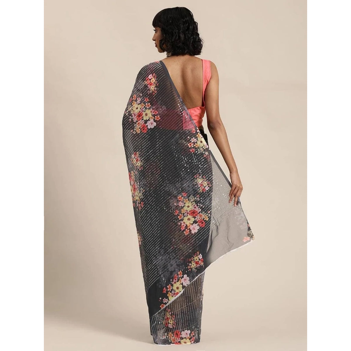 Shopesy Full sequence Grey Saree with Pink Blouse