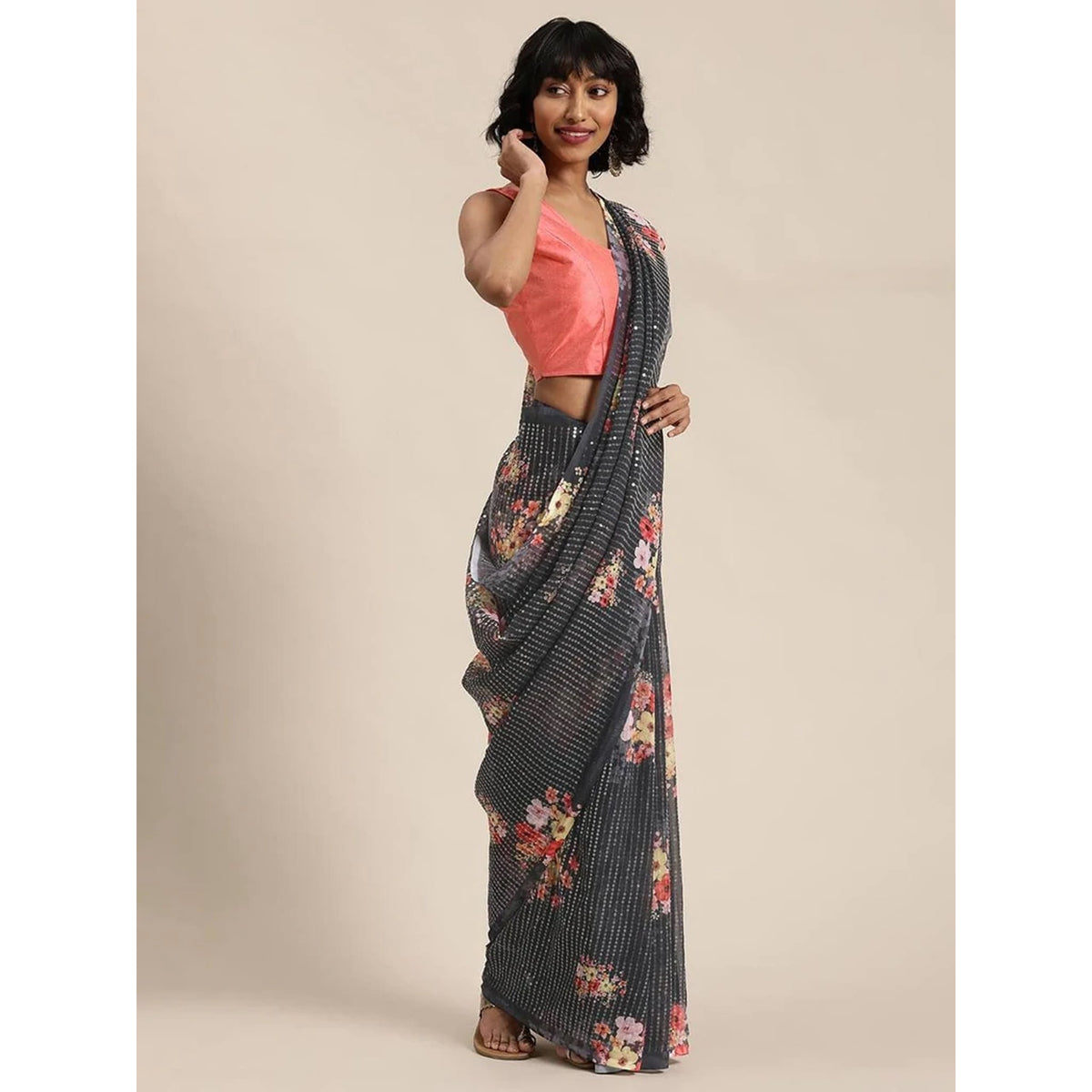 Shopesy Full sequence Grey Saree with Pink Blouse