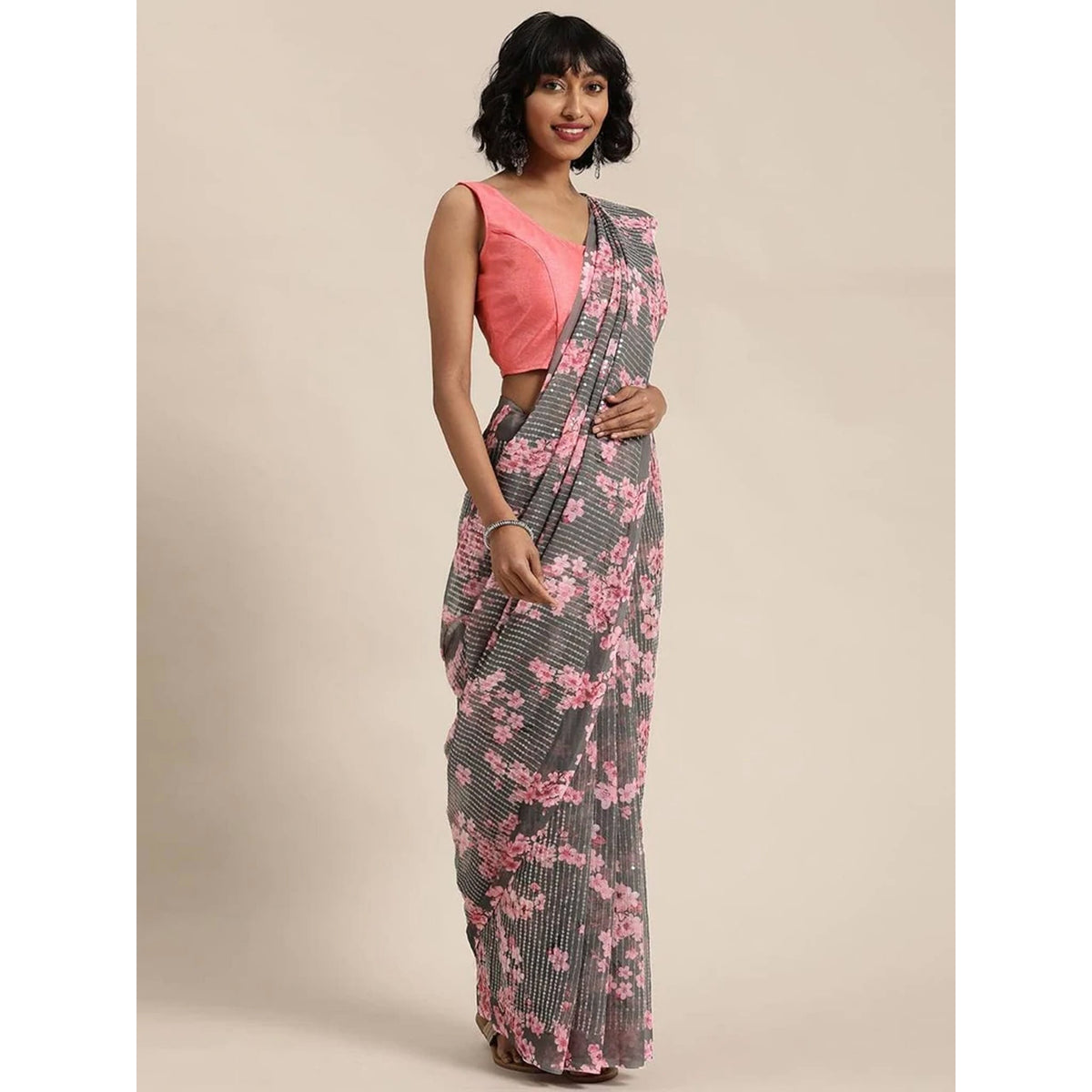 Shopesy Full sequence Light Grey Designer Saree with Pink Blouse