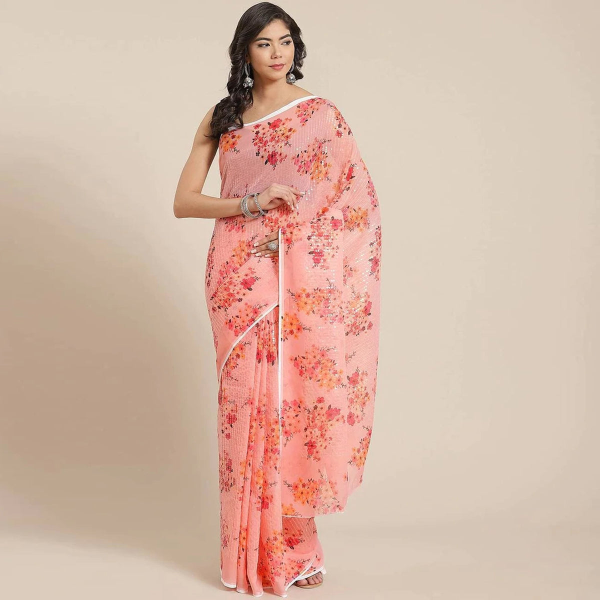 Shopesy Full sequence Pink Saree with Black Blouse