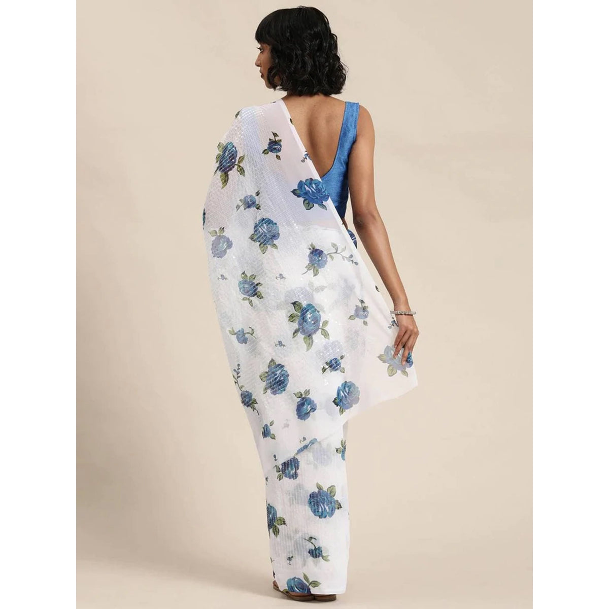 Shopesy Full sequence White Saree with Blue Blouse