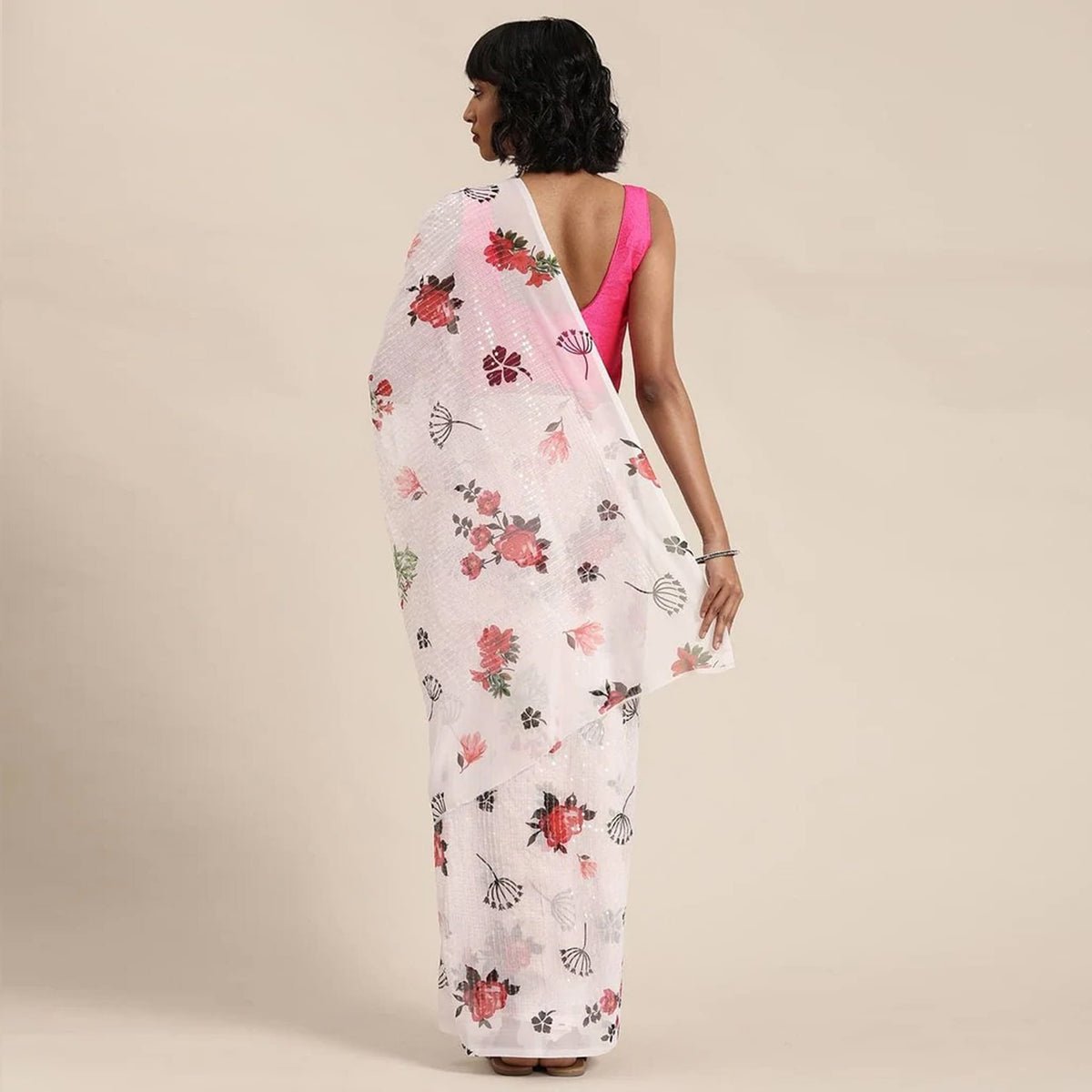 Shopesy Full sequence White Saree with Pink Blouse