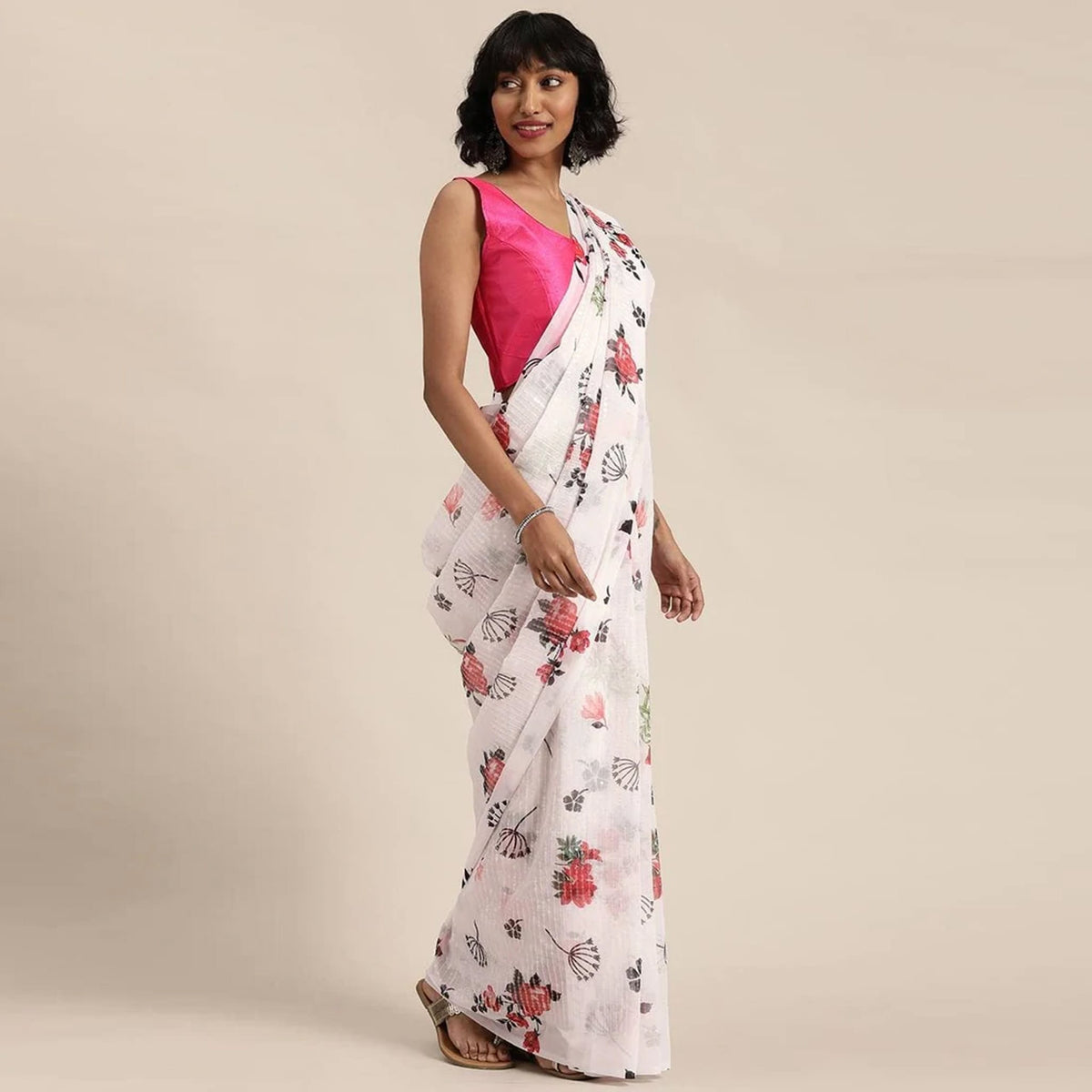 Shopesy Full sequence White Saree with Pink Blouse