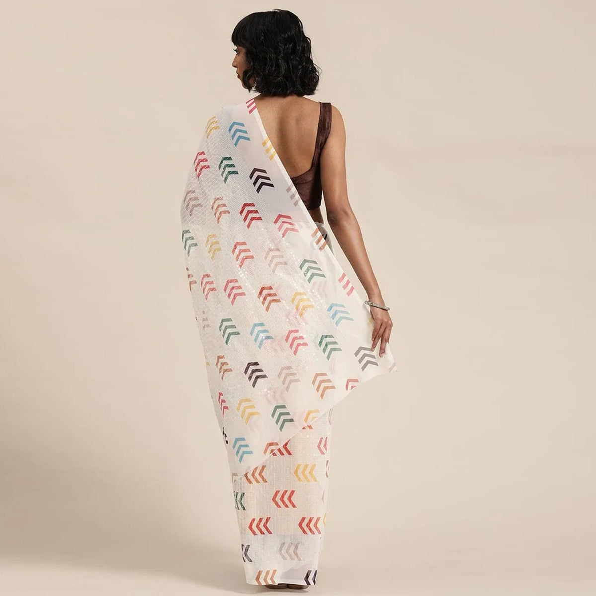 Shopesy Full sequence White Saree with Coffee Blouse