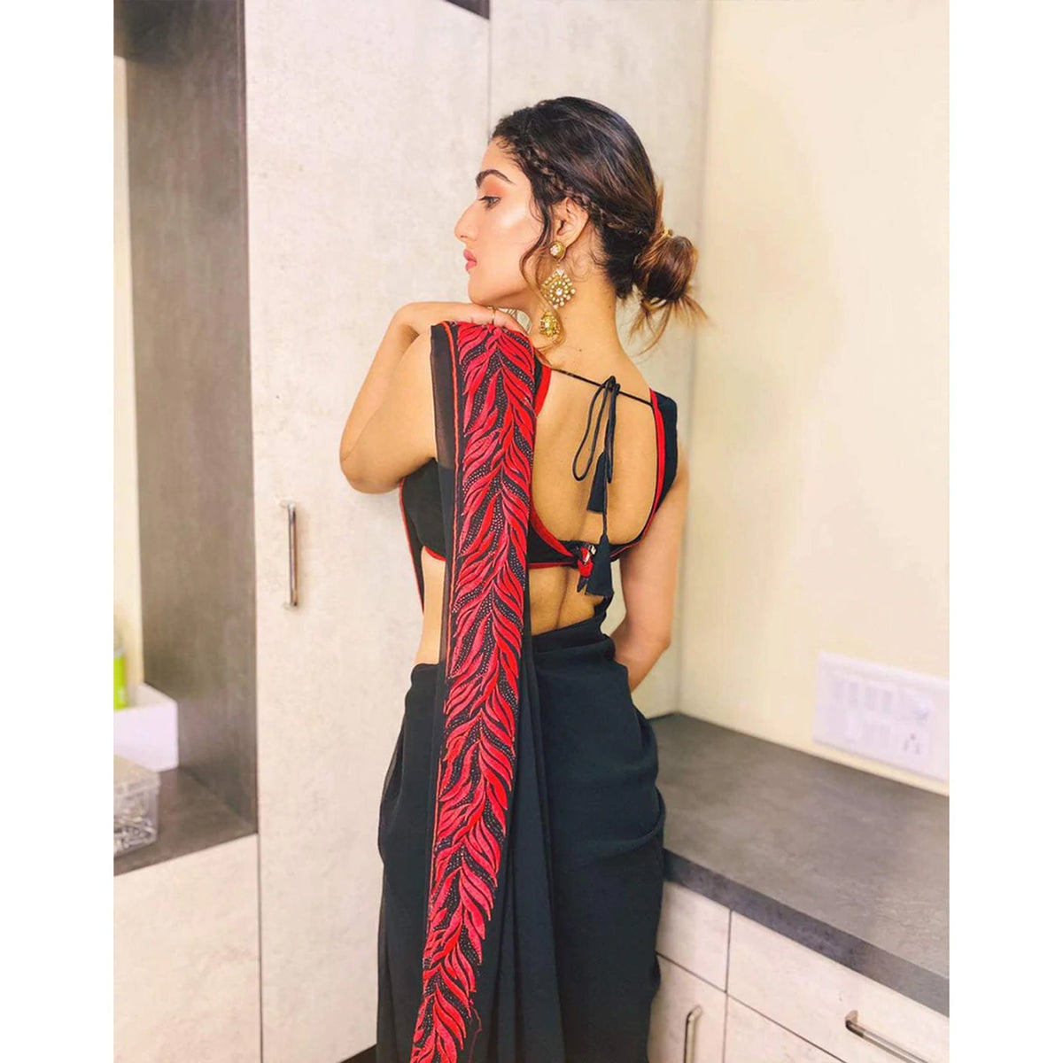 Shopesy Georgette Saree with Beautiful Embroidery with Swarovski Work and Silk Blouse for Wedding