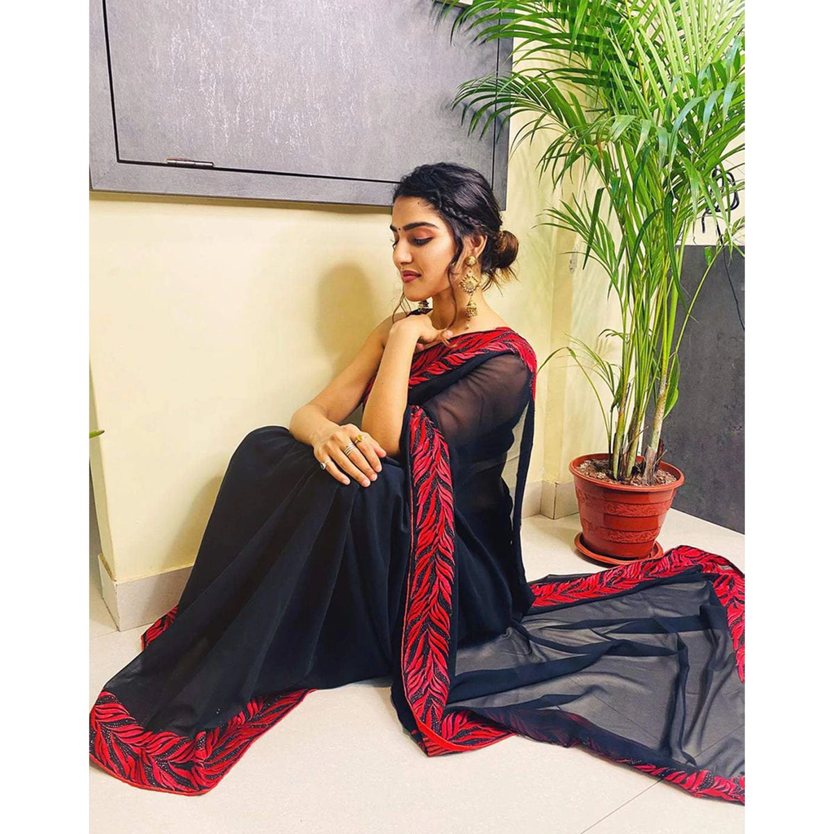 Shopesy Georgette Saree with Beautiful Embroidery with Swarovski Work and Silk Blouse for Wedding